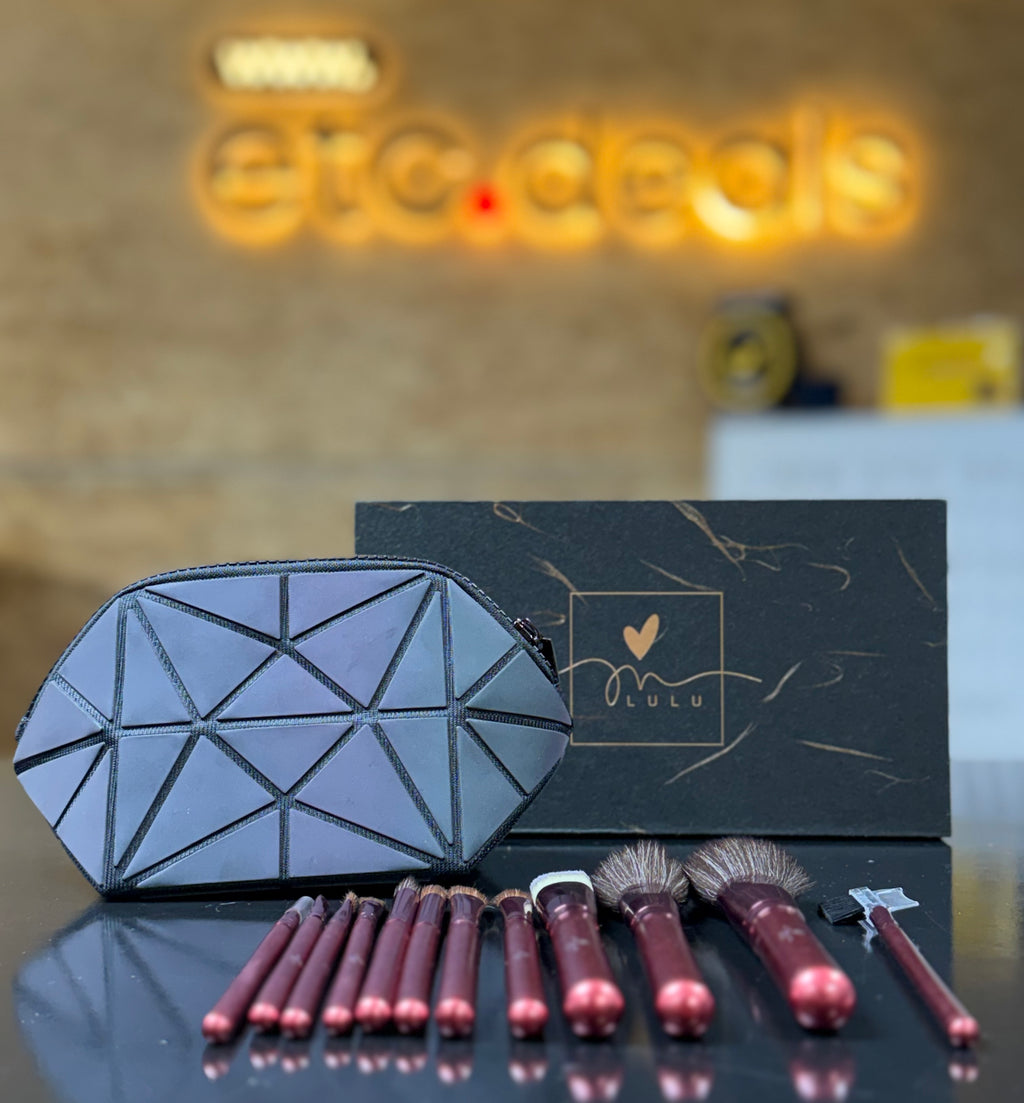 LULU Makeup Brush Set with Geometric Cosmetic Case & Gift Box – Rose Gold