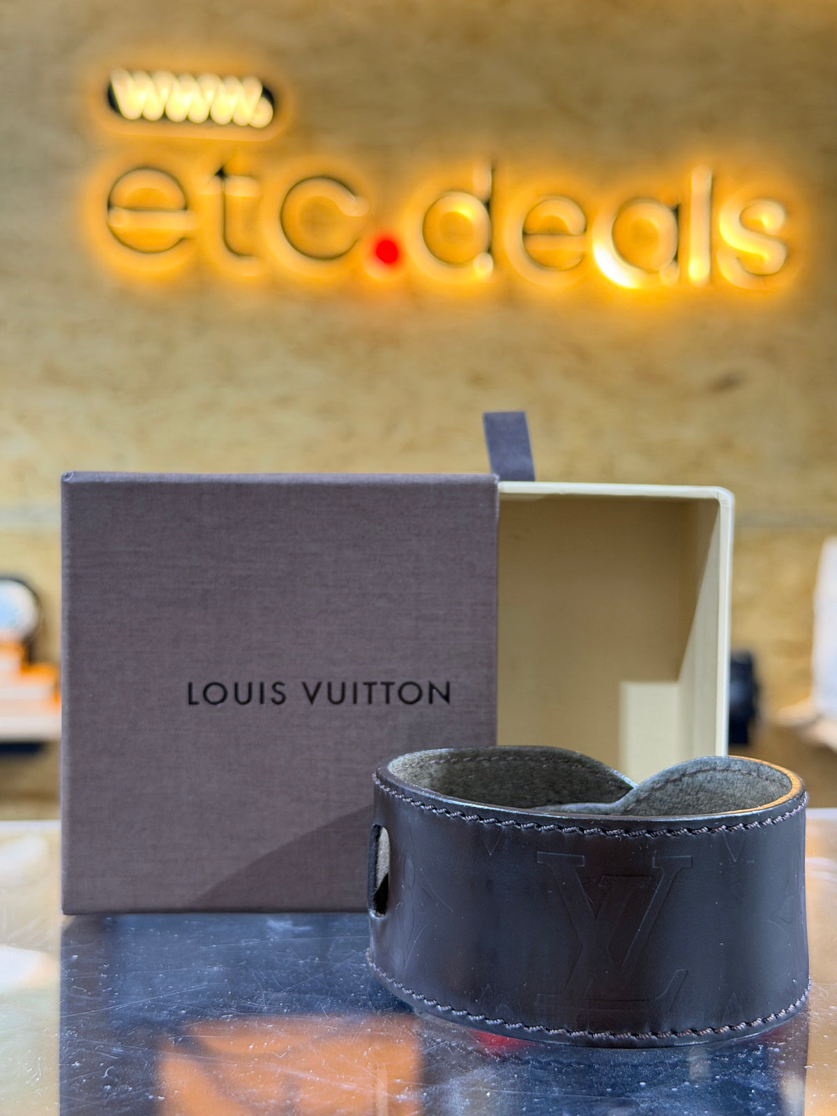 Louis Vuitton LV Slim Shadow Bracelet – Black Monogram Leather Cuff – Pre-Owned with Box
