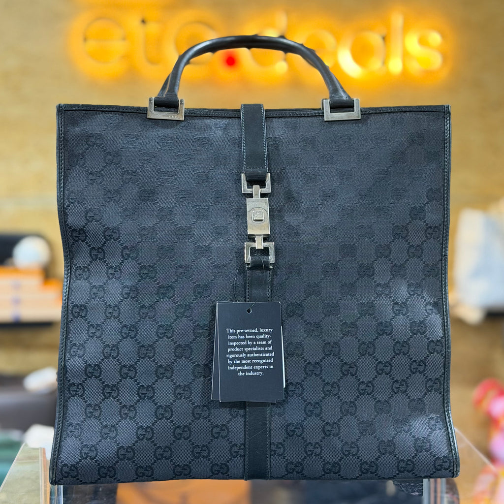 Gucci Jackie GG Canvas Black Tote Bag – Leather Trim & Silver Piston Closure – Authentic Pre-Owned