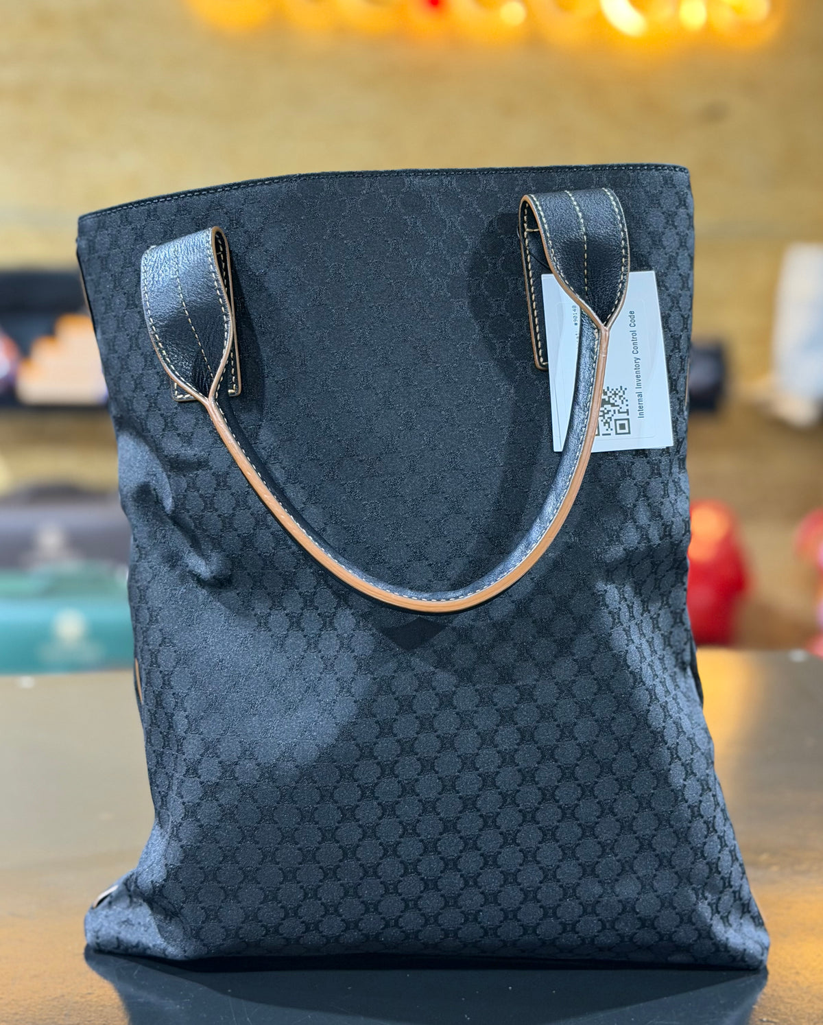 Vintage CELINE C Macadam Black Monogram Canvas Tote Bag – Leather Trim – Pre-Owned