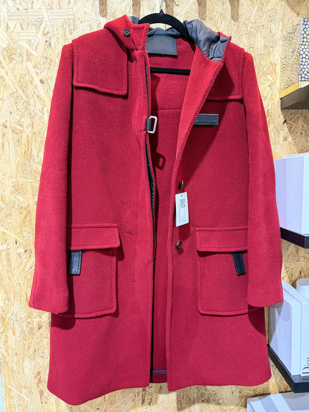 Prada Milano Red Wool Hooded Long Coat with Black Leather Trim – size 44 – Pre-Owned