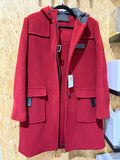 Prada Milano Red Wool Hooded Long Coat with Black Leather Trim – size 44 – Pre-Owned