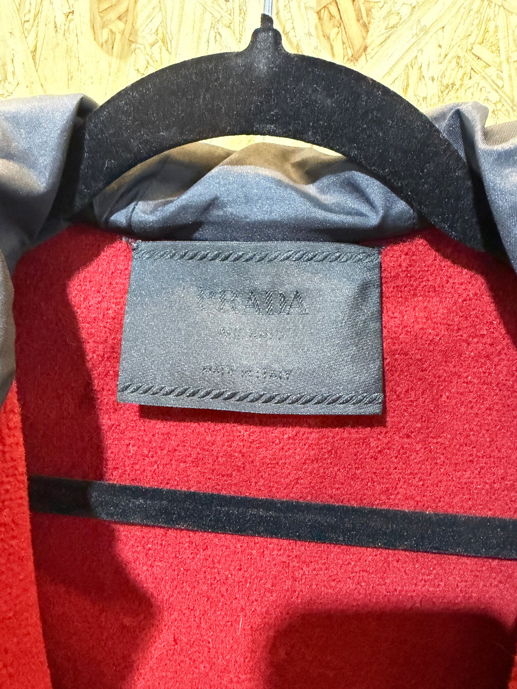 Prada Milano Red Wool Hooded Long Coat with Black Leather Trim – size 44 – Pre-Owned