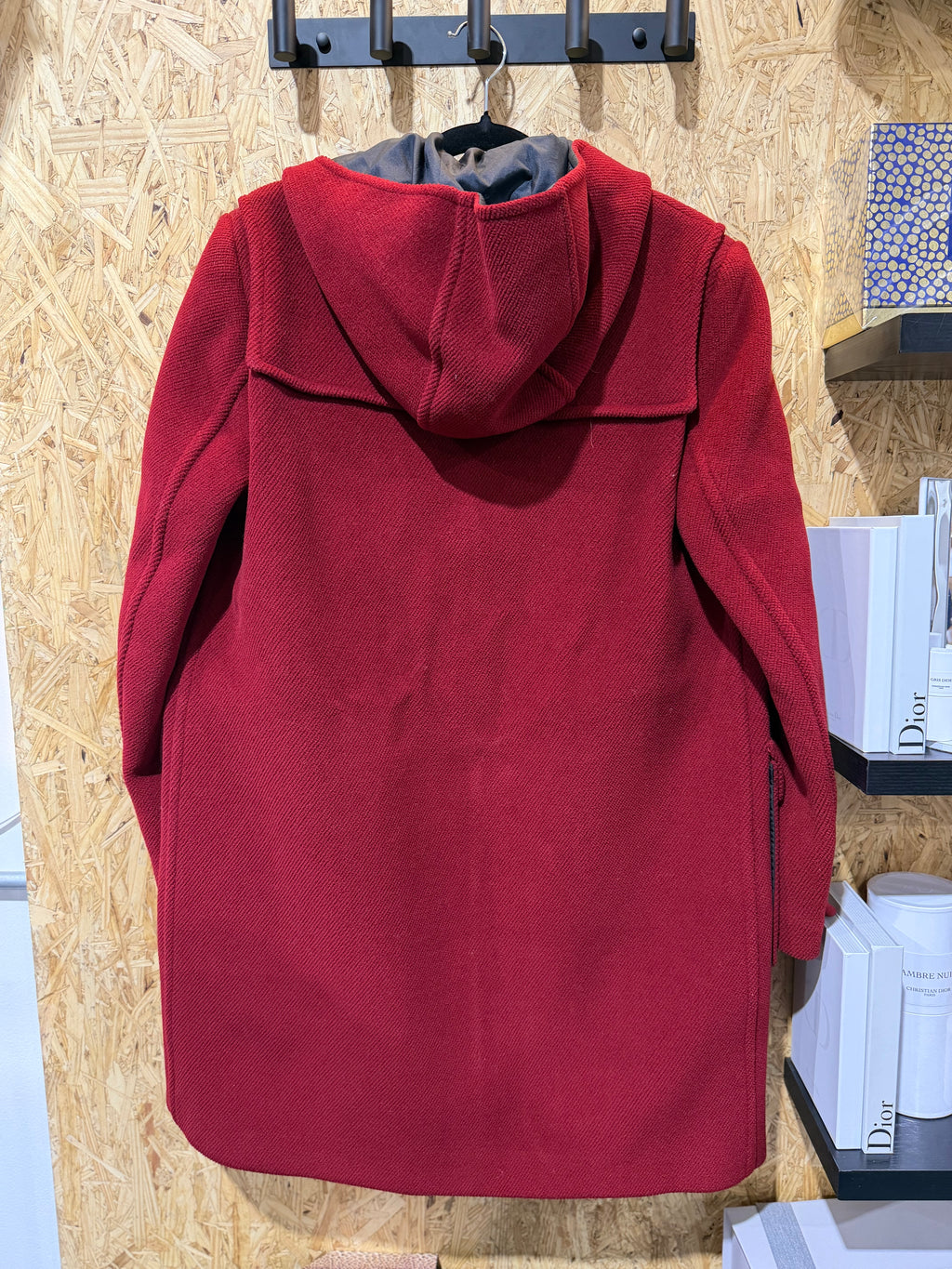 Prada Milano Red Wool Hooded Long Coat with Black Leather Trim – size 44 – Pre-Owned