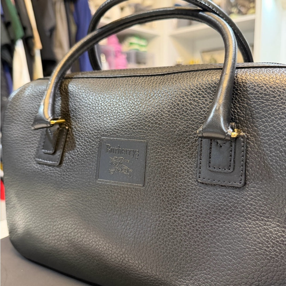 Burberry Black Leather Nova Check Mini Boston Bag - 32cm