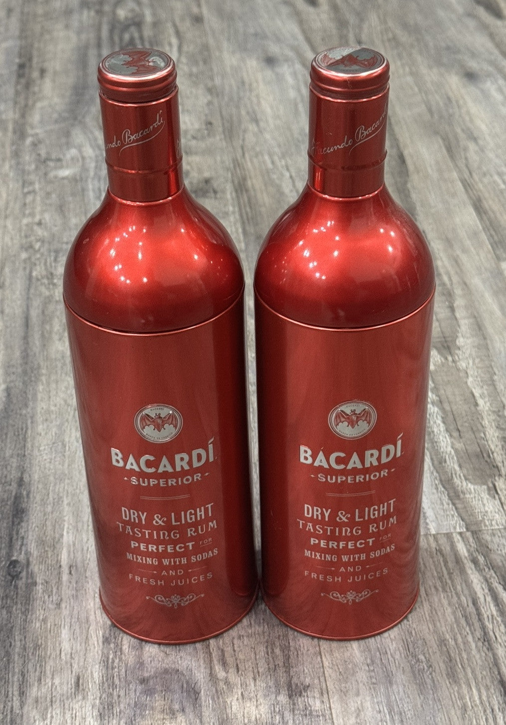 BACARDI SUPERIOR Red Aluminum Anniversary Tin Bottle Holder Sleeve 13" Lot Of 2