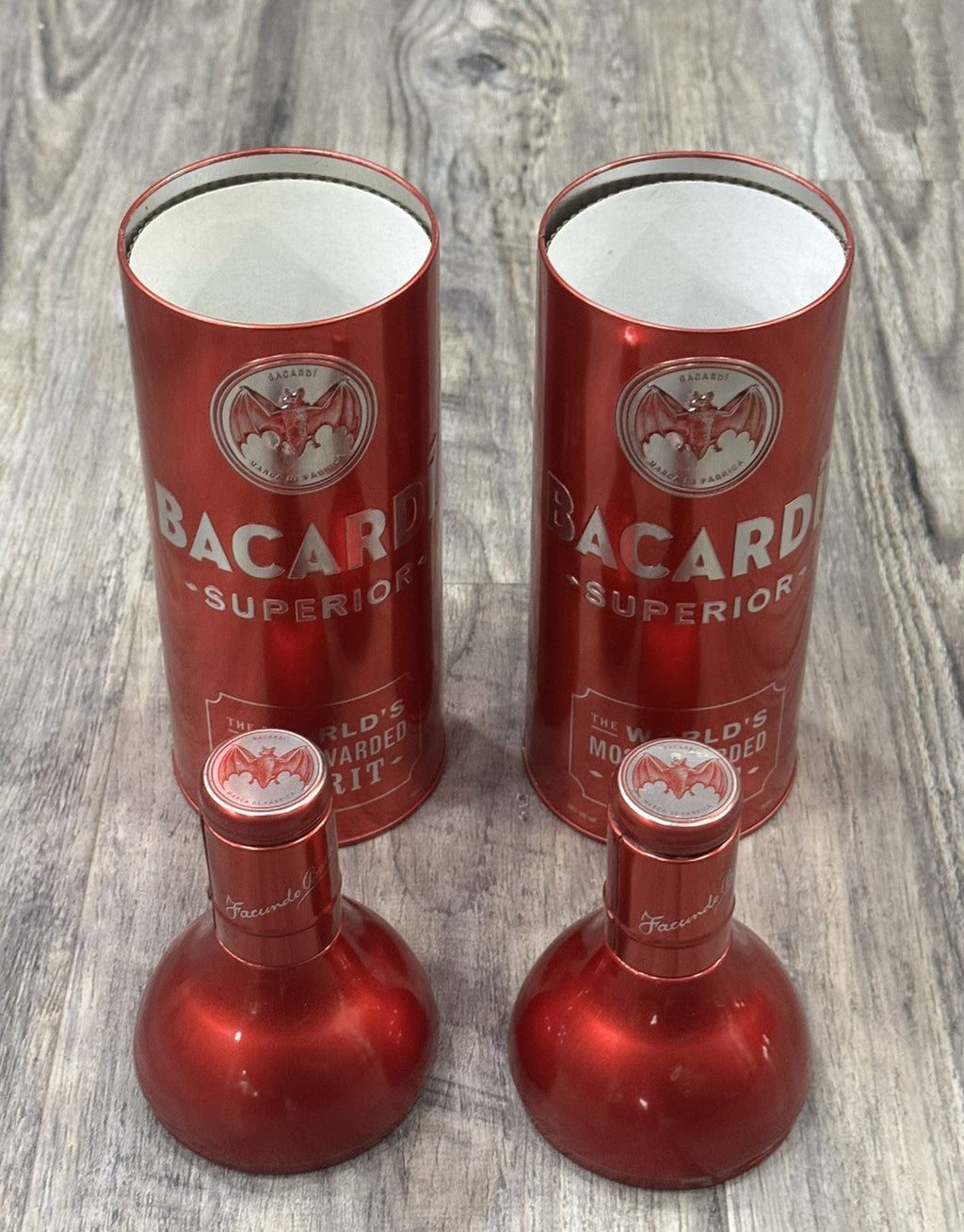 BACARDI SUPERIOR Red Aluminum Anniversary Tin Bottle Holder Sleeve 13" Lot Of 2