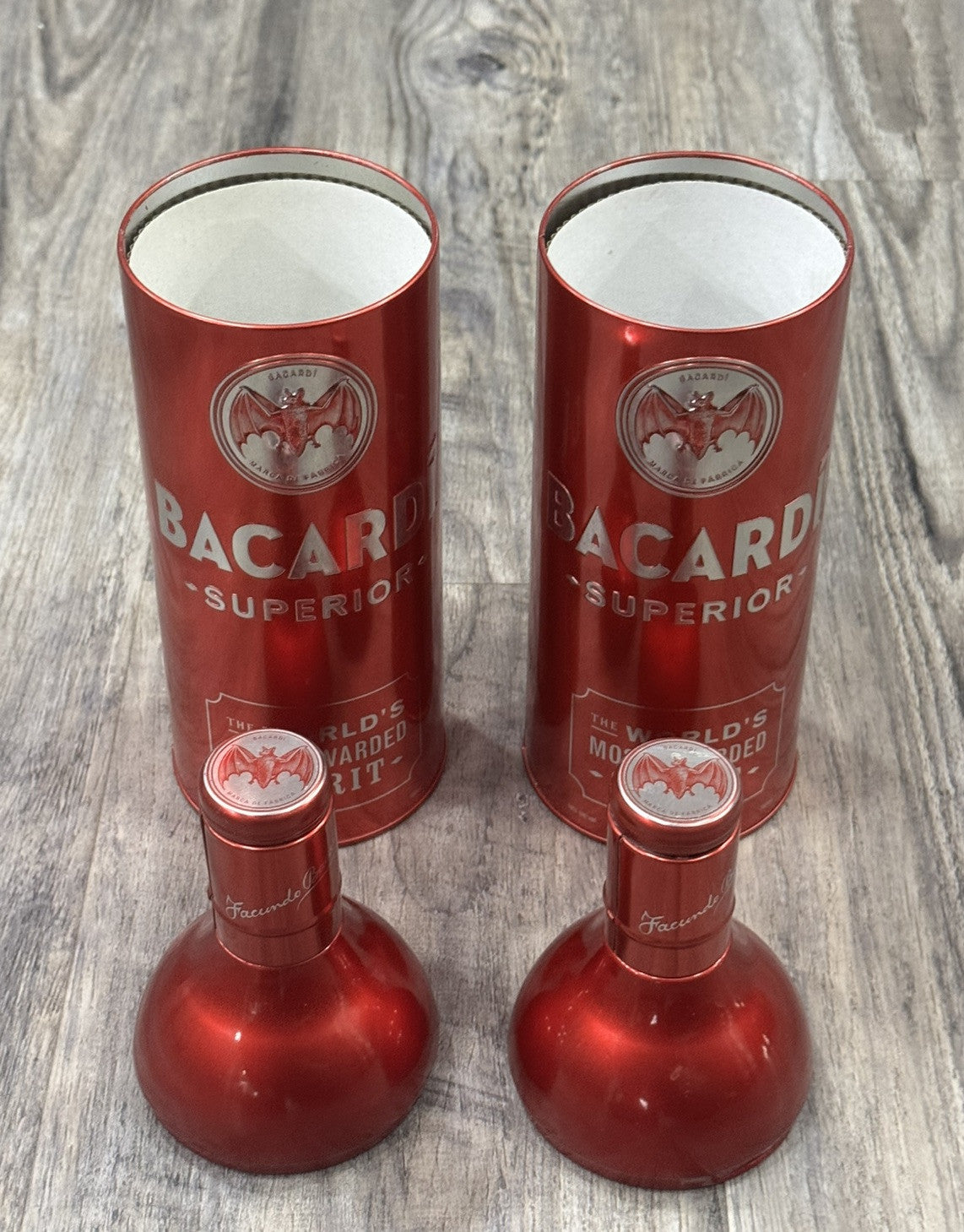 BACARDI SUPERIOR Red Aluminum Anniversary Tin Bottle Holder Sleeve 13" Lot Of 2
