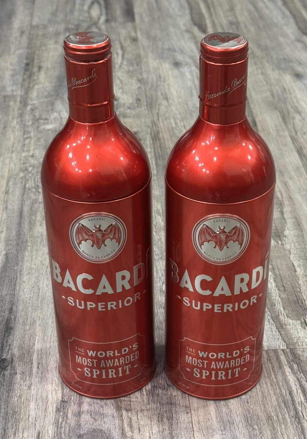 BACARDI SUPERIOR Red Aluminum Anniversary Tin Bottle Holder Sleeve 13" Lot Of 2