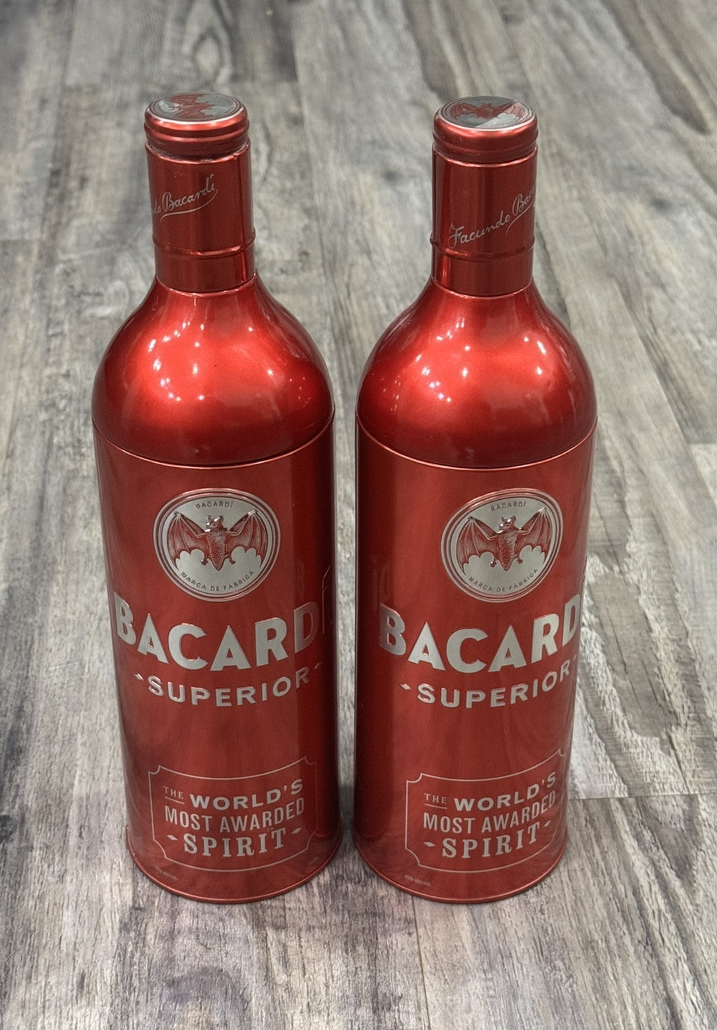 BACARDI SUPERIOR Red Aluminum Anniversary Tin Bottle Holder Sleeve 13" Lot Of 2
