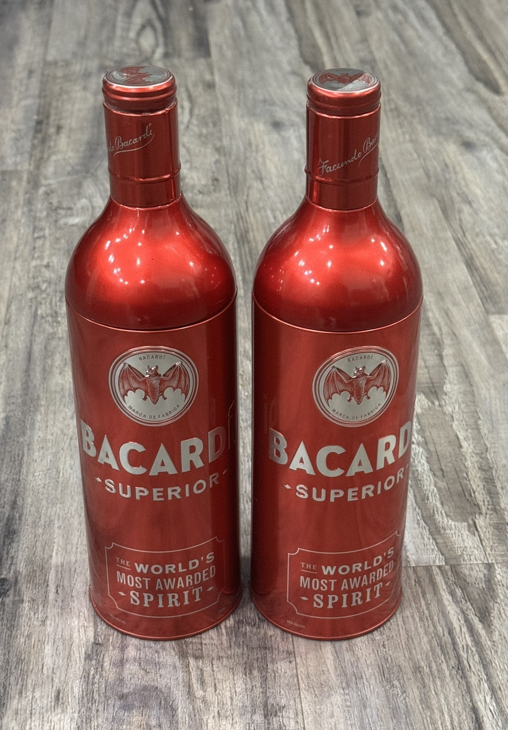 BACARDI SUPERIOR Red Aluminum Anniversary Tin Bottle Holder Sleeve 13" Lot Of 2