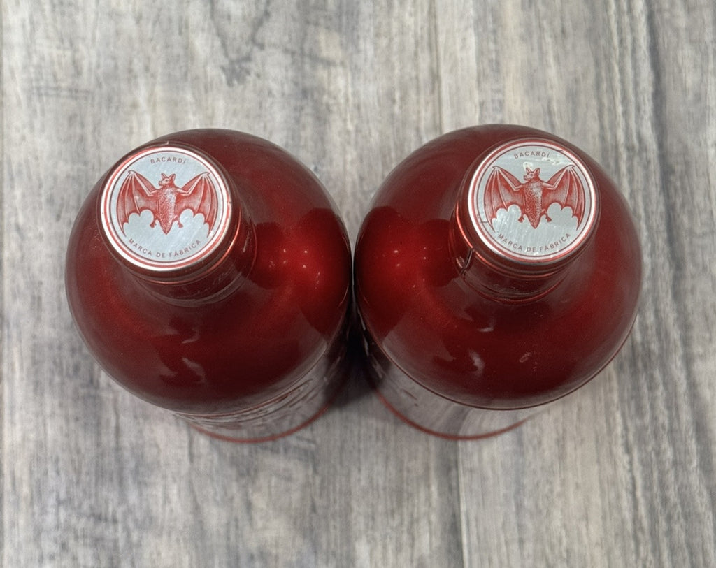 BACARDI SUPERIOR Red Aluminum Anniversary Tin Bottle Holder Sleeve 13" Lot Of 2