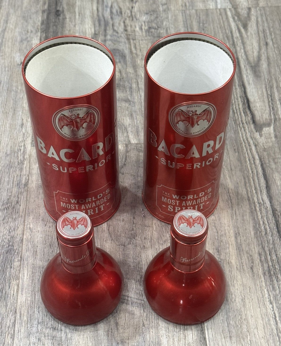 BACARDI SUPERIOR Red Aluminum Anniversary Tin Bottle Holder Sleeve 13" Lot Of 2